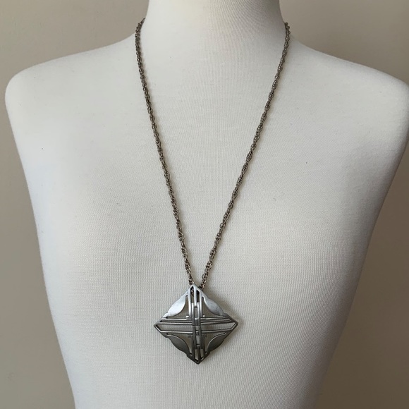 70s Kelly Waters Pewter Modernist Pendant Necklace - Picture 2 of 5